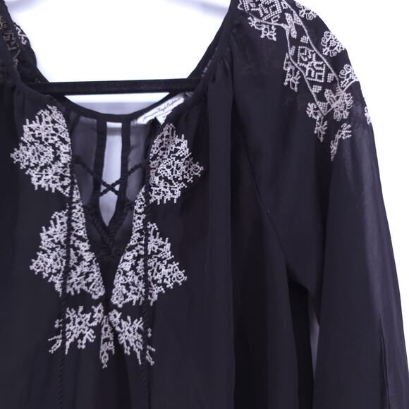 AEO American Eagle Boho Peasant 70s Black Sheer Embroidered Blouse Rope Tassel M - Picture 3 of 13